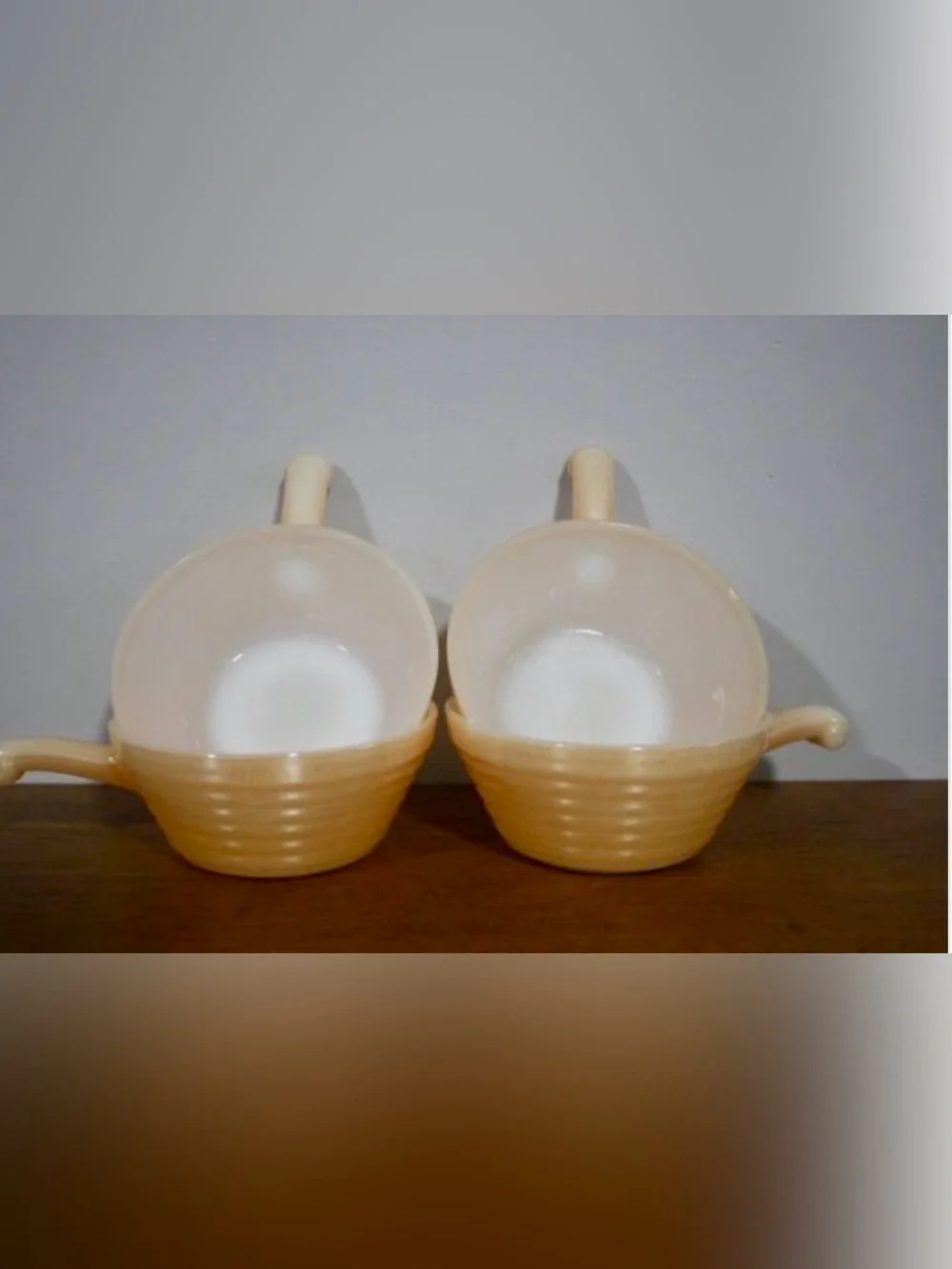 Gorgeous Peach Luster Fire King Beehive Ribbed Set of 4 Handled Soup Bowls